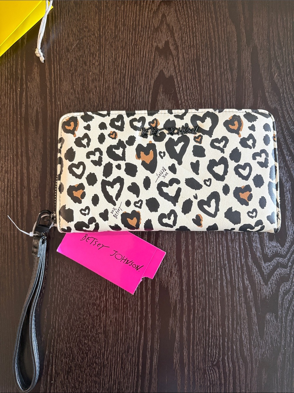 Betsey Johnson White Leopard Heart Zip Wristlet Wallet with Black Strap